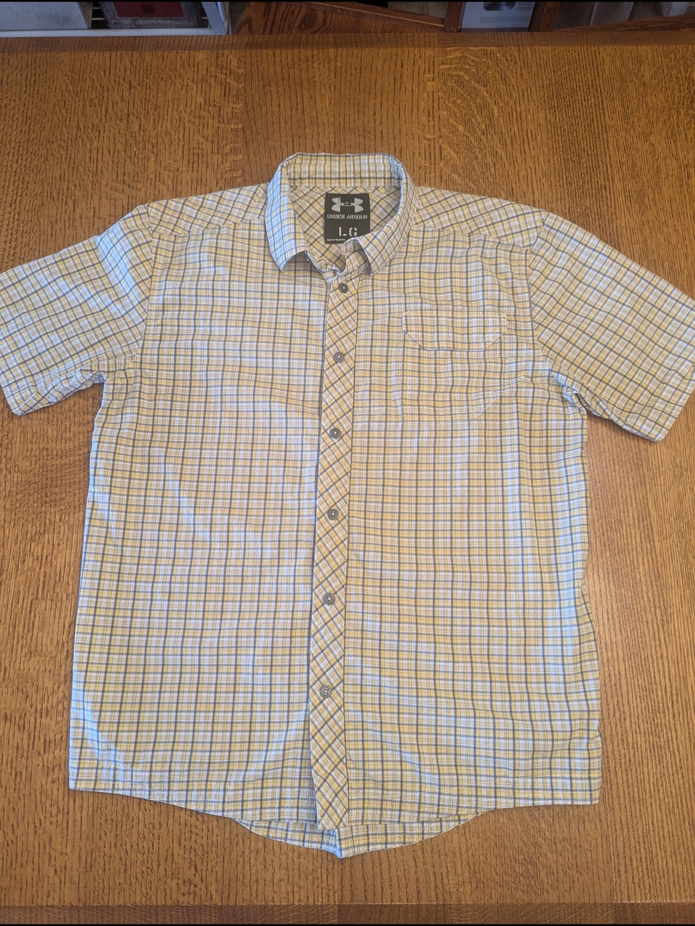 Under Armour Yellow Plaid Striped Cotton Short Sleeve, Button Up Shirt Mens L